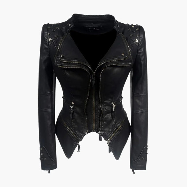 Elegant Black Leather Jacket for Women with Studded Shoulder Long Sleeve Peplum Biker Style
