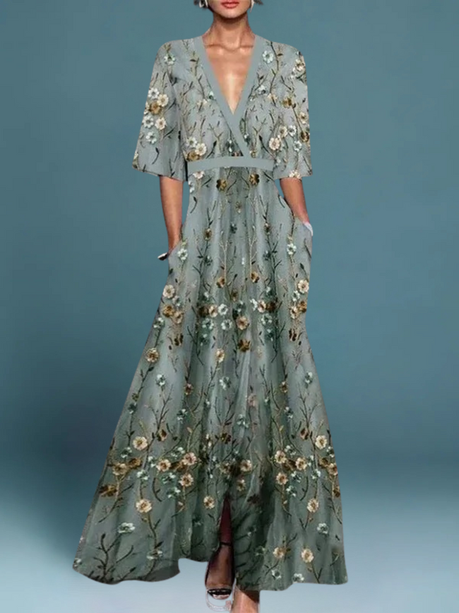 Lauren - Elegant Floral V-Neck Belted Boho Dress
