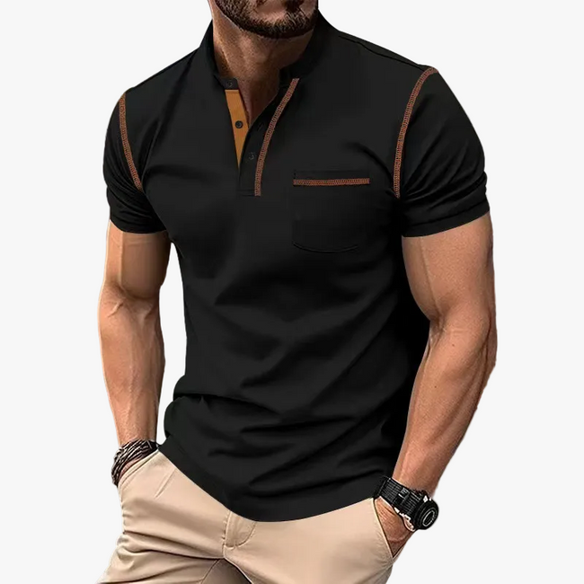 Men's Knit Polo Shirt with Band Collar and Chest Pocket