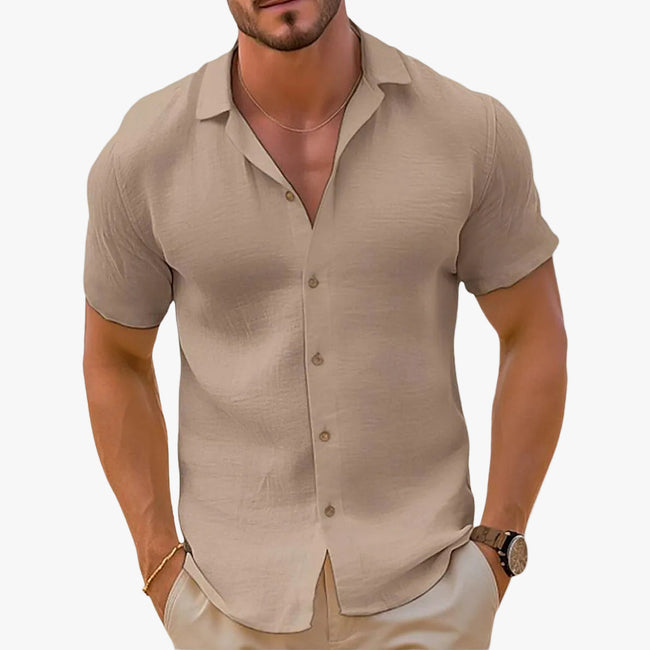 Men's Woven Shirt with Button Placket and Camp Collar